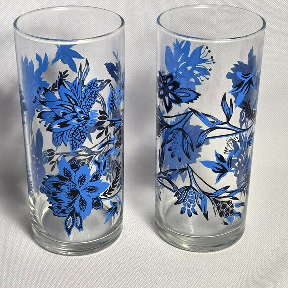 Royal Norfolk Blue Floral Drinking Glasses 6.5" Tall Set of 2 Tumblers Highball - Picture 2 of 8